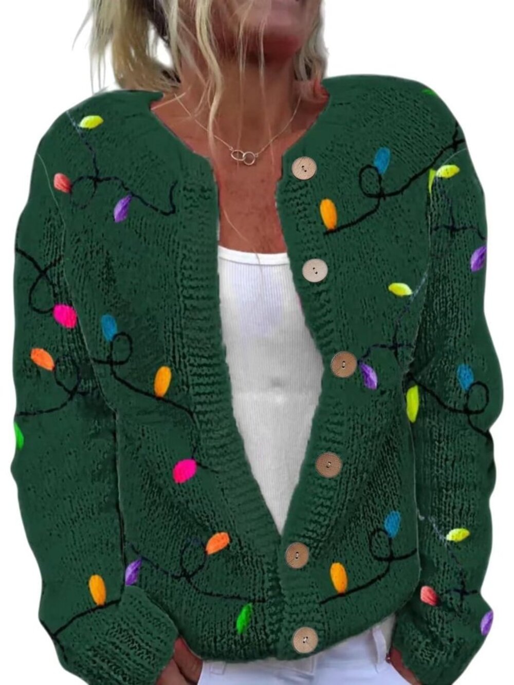 Women’s Green Christmas Lights Ugly Holiday Knit Button Cardigan Sweater